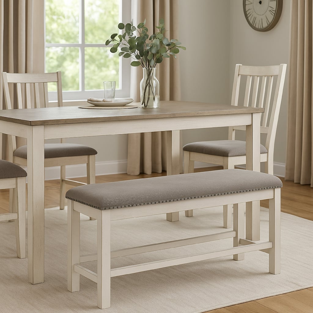 Lea Counter Height Dining Bench, Classic White Wood, Gray Polyester