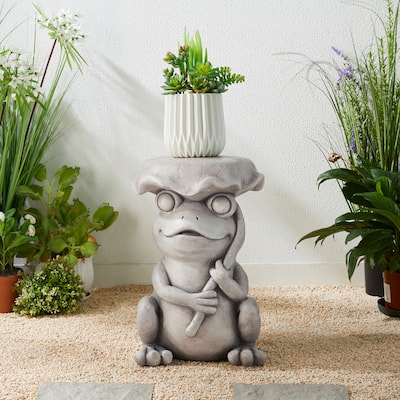 Glitzhome 19"H MGO Frog and Lotus Faux Concrete Garden Stool
