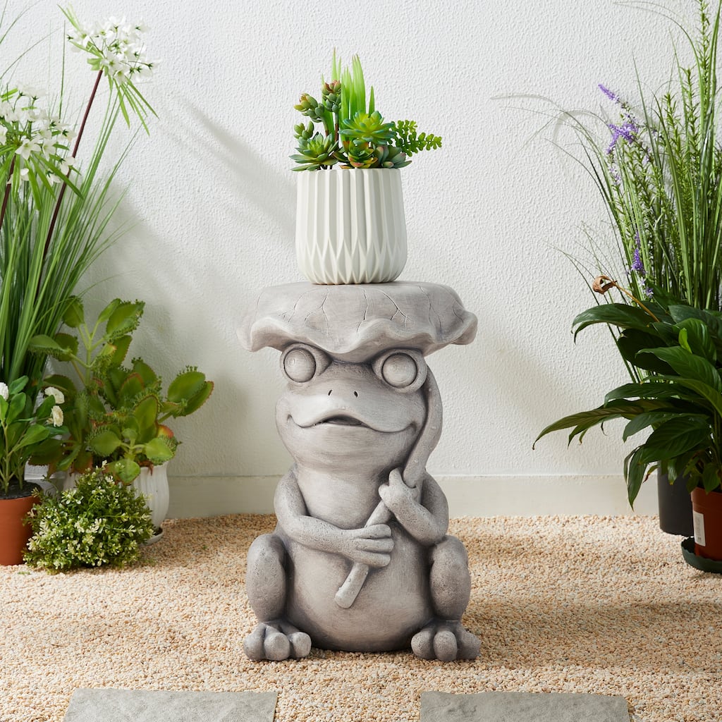 Glitzhome 19"H MGO Frog and Lotus Faux Concrete Garden Stool
