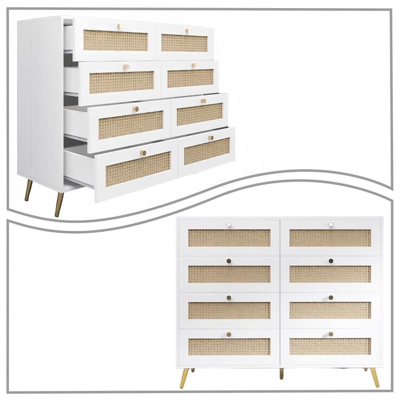Modern Farmhouse Wooden Dresser with Rattan Drawers Front Panels