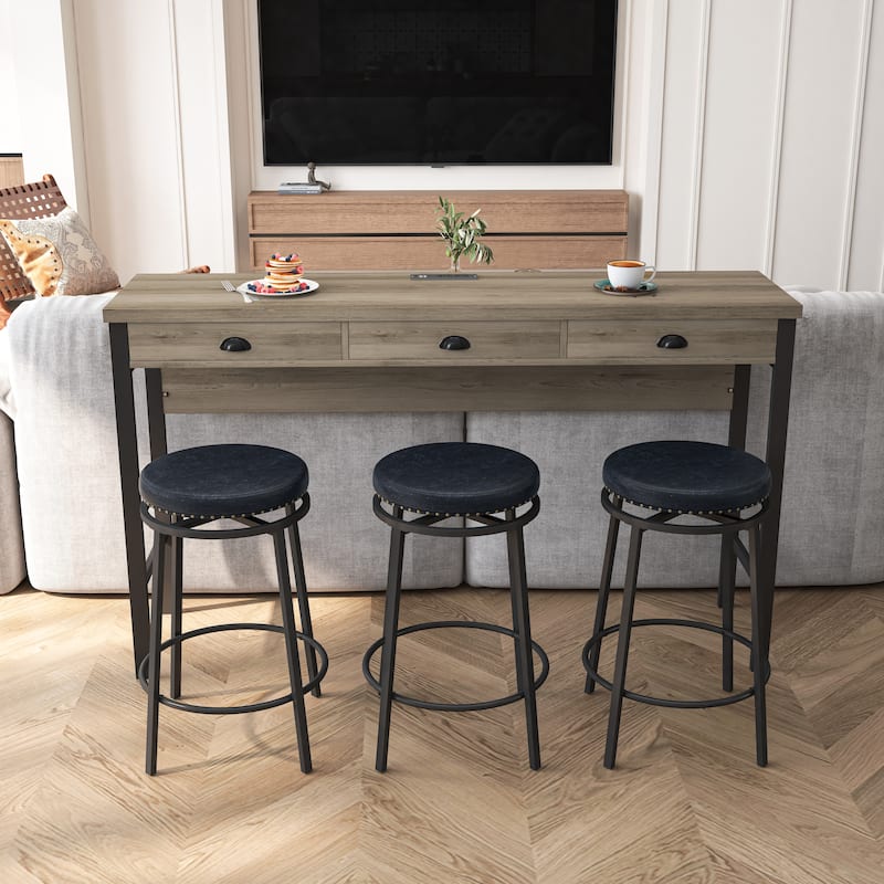 3-Drawer Long Dining Table Set with Power Outlets, Bar Kitchen Table Set with Circular PU Stools, Brown Gray Table+Black Stool