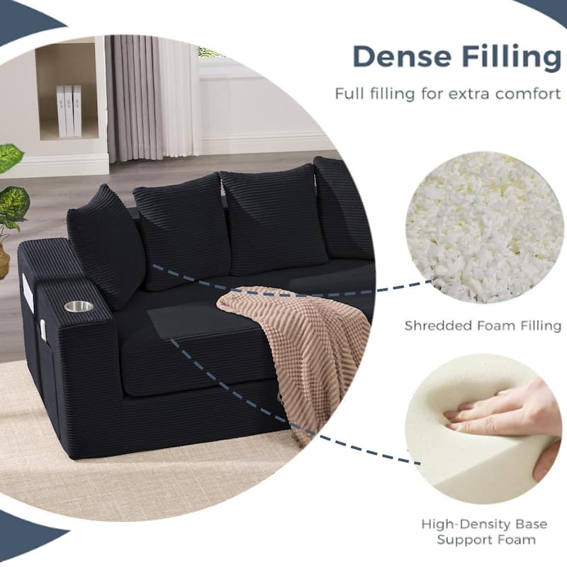 Convertible Corduroy Sleeper Loveseat Sofa Bed 3 Seater Floor Folding Couch with 5 Pillows, Cup Holders and Side Pockets