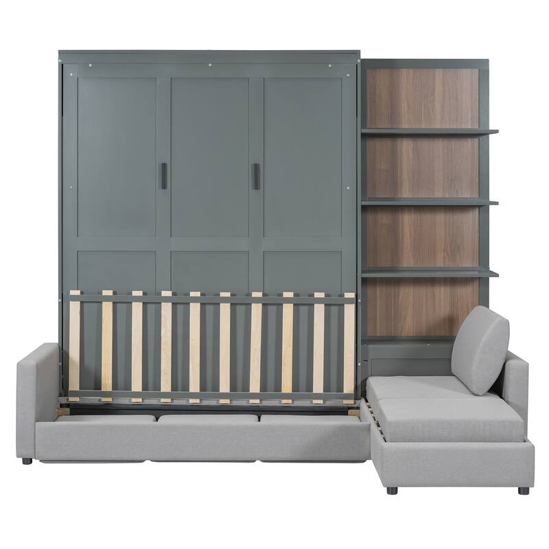 Linen L-shaped Sectional Sofa & Queen Size Foldable Wall Murphy Bed Set with Open Shelves for Guest Room or Living Space