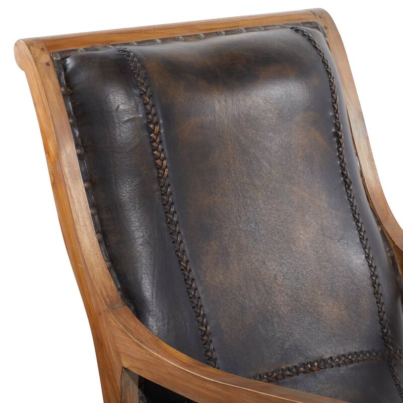Leather Handmade Accent Chair with Ottoman with Scrolled Wood Arms and Arched Legs - Brown or Black - Roche River Decor