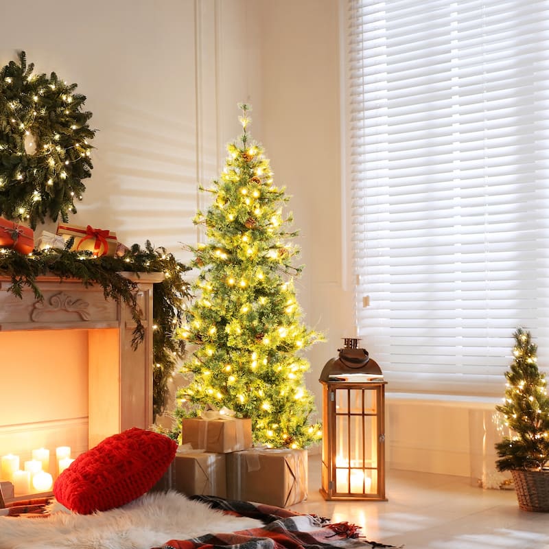 6/7/8 FT Pre-lit Artificial Christmas Tree Hinged Xmas Pine Tree - Green