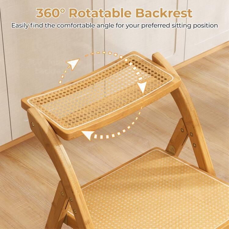 Natural Wicker Folding Boho Chairs Set of 2 with 360 Rotatable Backrests - 22" x 19" x 31.5"