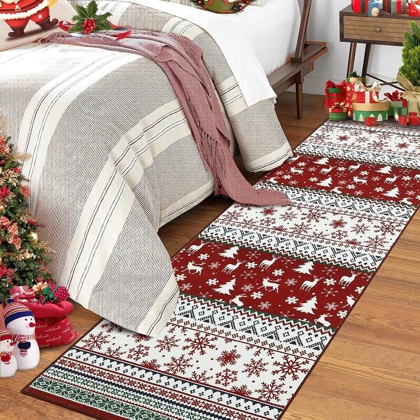 Washable Vintage Boho Christmas Area Rug, Low Pile - 1'6