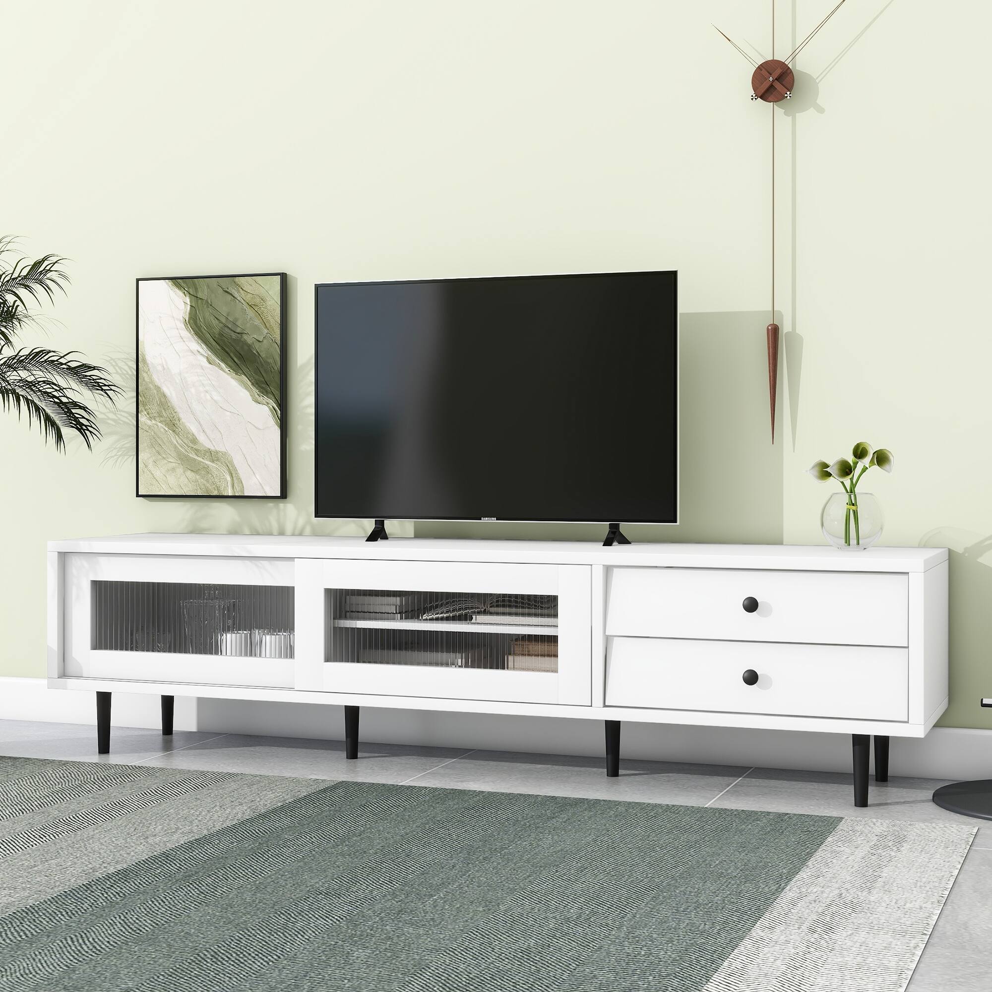 Elegant TV Stand with Sliding Fluted Glass Doors for Livingroom