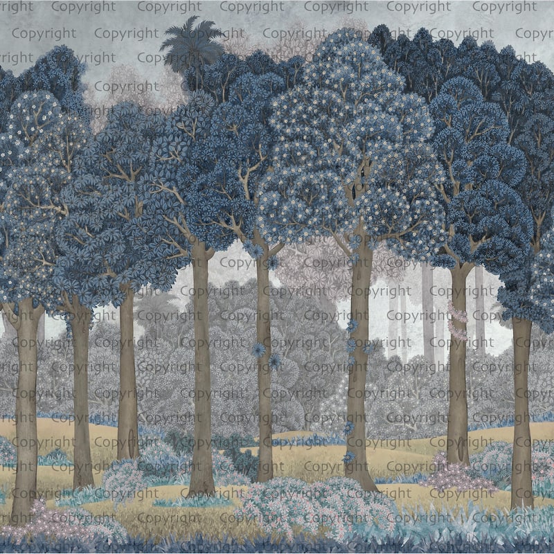 Serene Greenery and Blooming Trees Wallpaper Mural - Blue - W:204" x H:110"