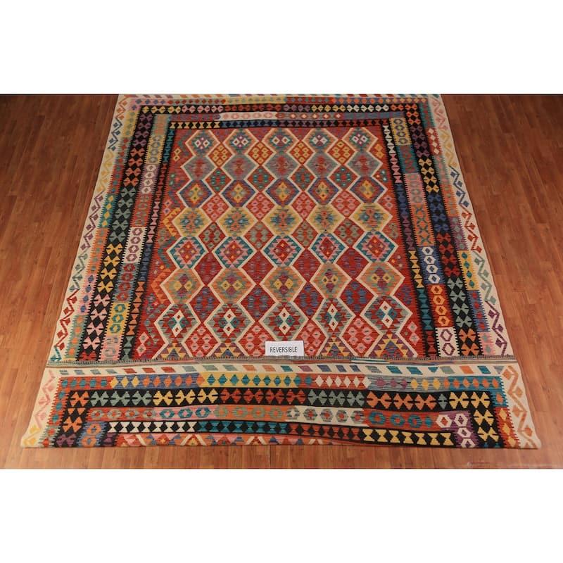 Geometric Kilim Area Rug Flatweave Oriental Multi-Color Wool Carpet - 9'11"x 12'10"