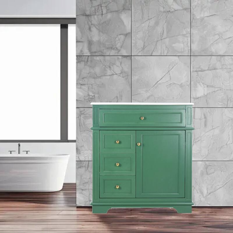 30" Freestanding Bathroom Vanity with Smooth Ceramic Sink, 1 Tip-Out Drawer & 3 Drawers - Green