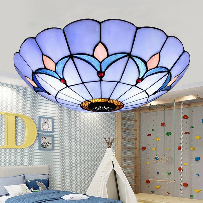 12"Tiffany Style Stained Glass Flush Mount Vintage Lamp Fixture - 11.81'' - 11.81'' - Multicolor