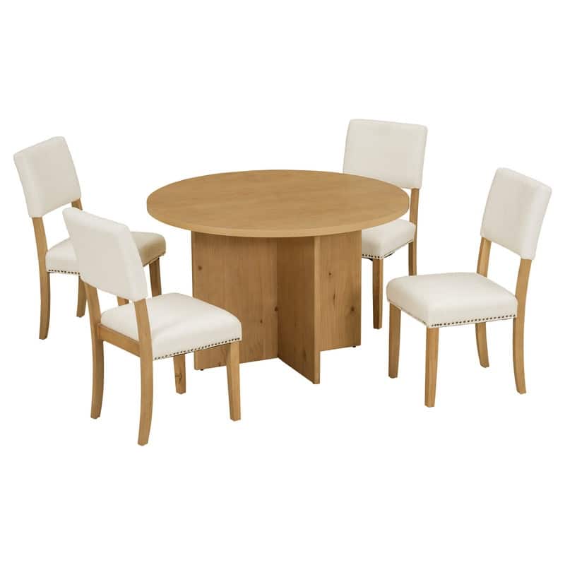Contemporary 5-Piece Round Dining Table Set Featuring A Pedestal Base And 4 Upholstered Chairs, Ideal For Studios, Apartments. - Natural