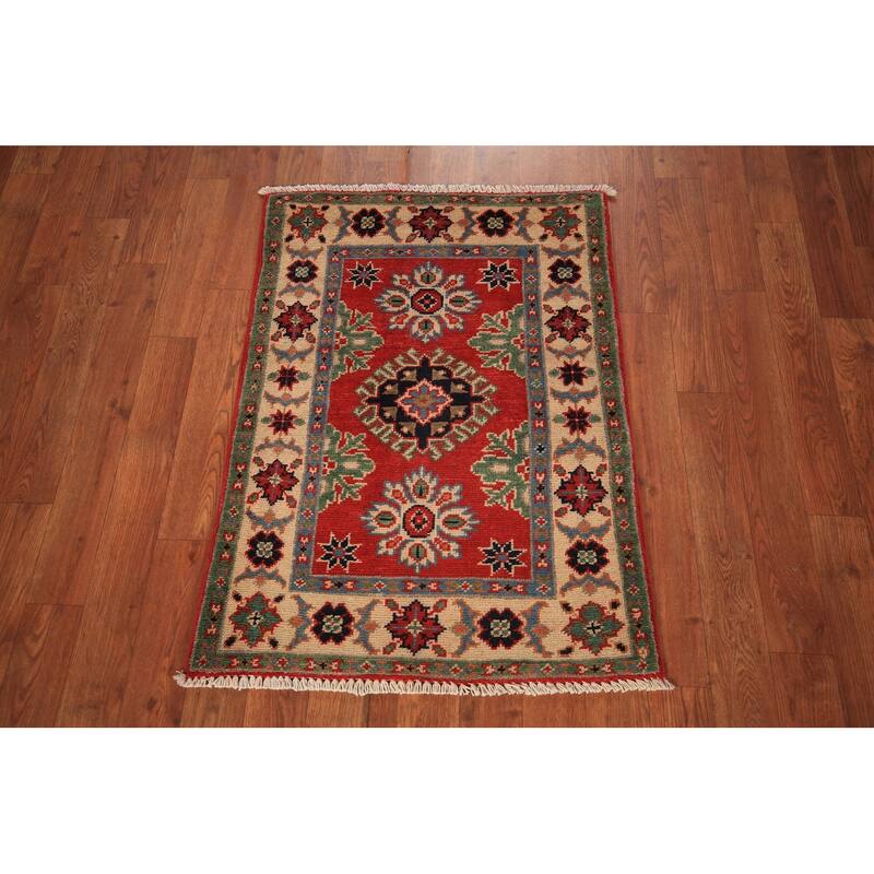 Red Kazak Foyer Rug Handmade Oriental Geometric Wool Carpet - 2'0" x 3'0"