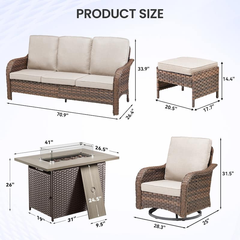 Pocassy Patio Sofa Swivel Chairs Ottoman with Fire Table Funiture