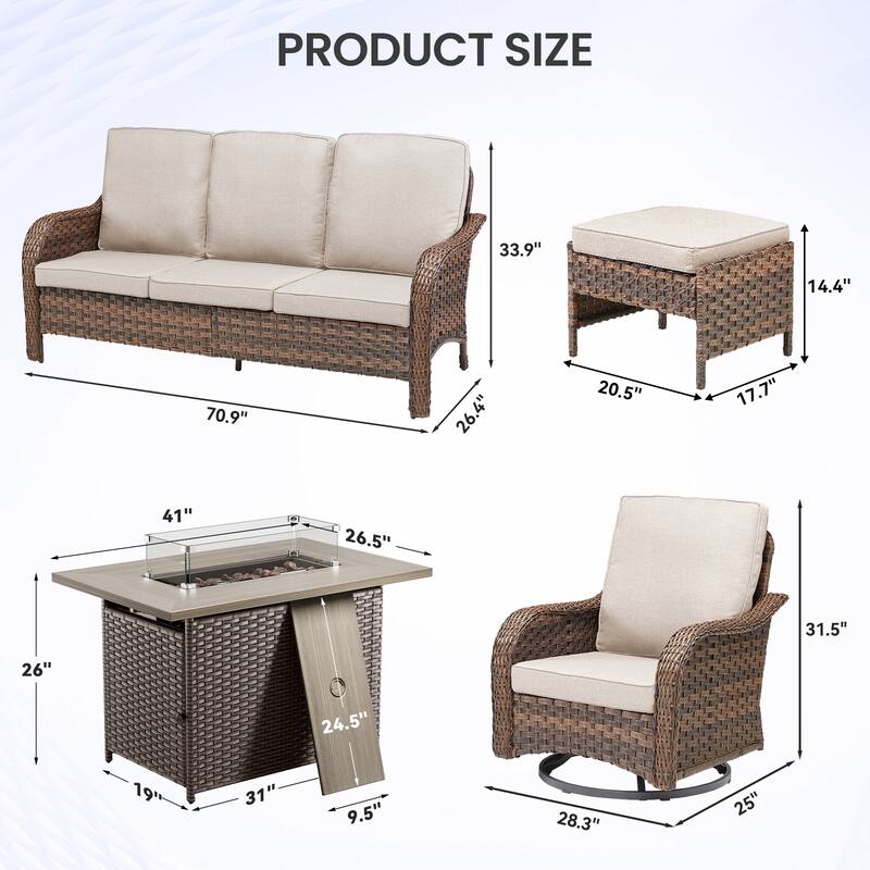 Pocassy Patio Sofa Swivel Chairs with Fire Table Funiture Set