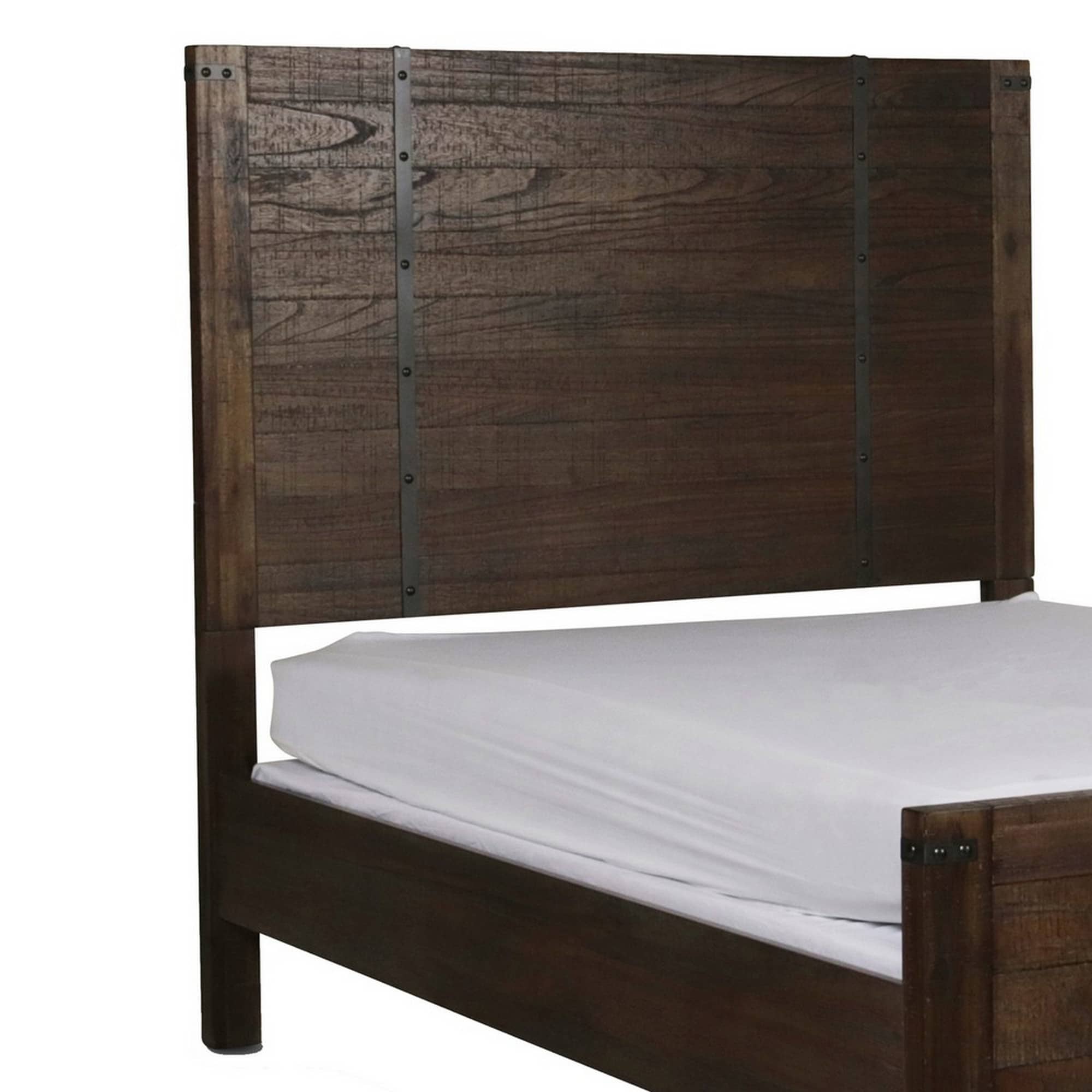 Queen Size Plank Style Headboard with Metal Strips and Rivet