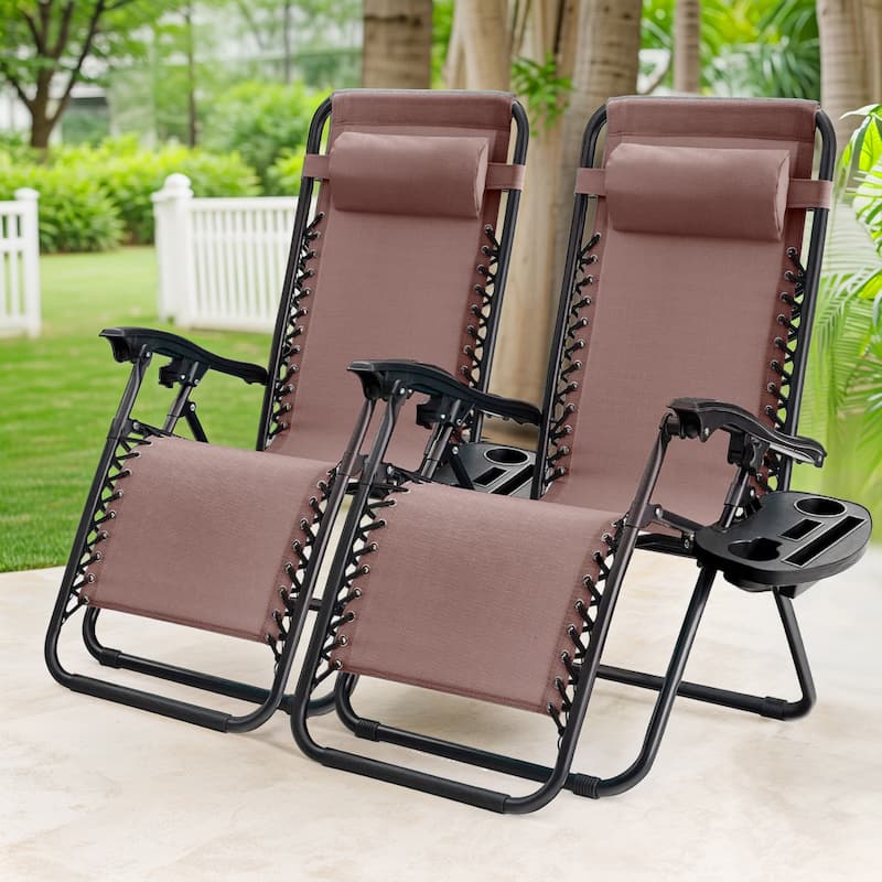 Set of 2 Zero Gravity Recliner Lounge Chairs with Cup Holders, Folding Patio Camping Beach Chairs for Outdoor Relaxation