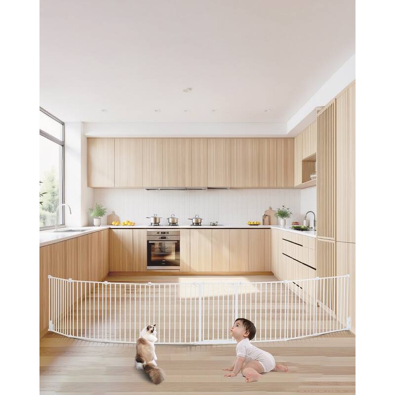 White Extra Wide Baby Gate for Stairs or Doorways 8 Panel Foldable Safety Barrier for Babies and Pets - 192"W