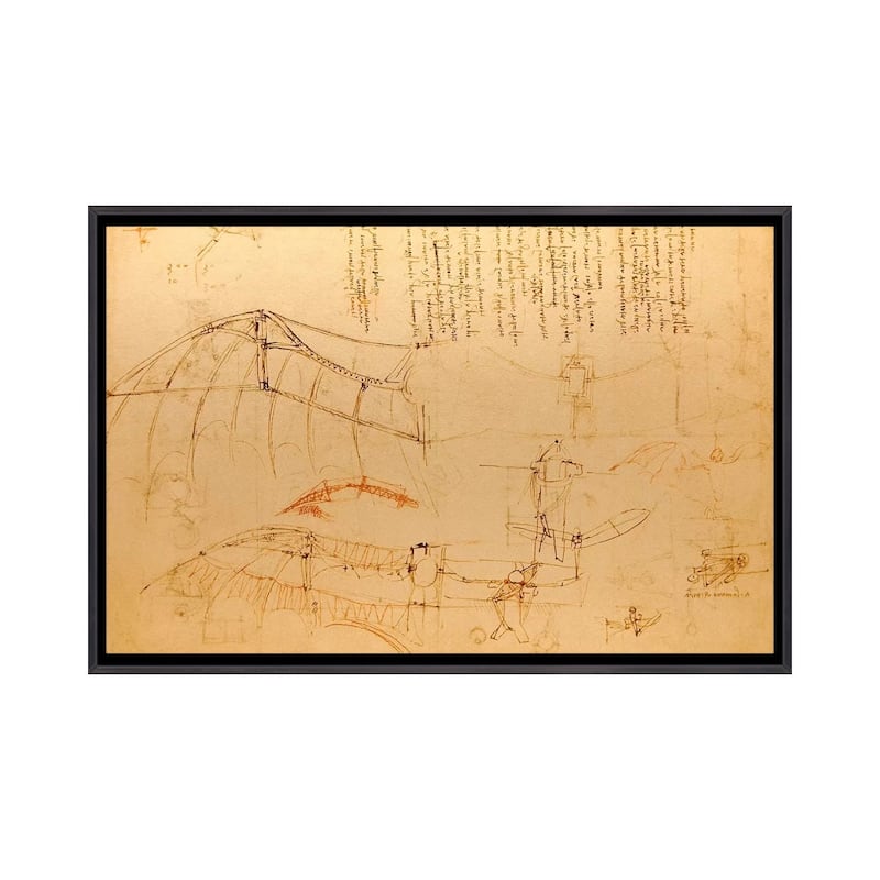 iCanvas "Drawing of Flying Machine with Beating Wings" by Leonardo da Vinci Framed - Ebony - 18x26