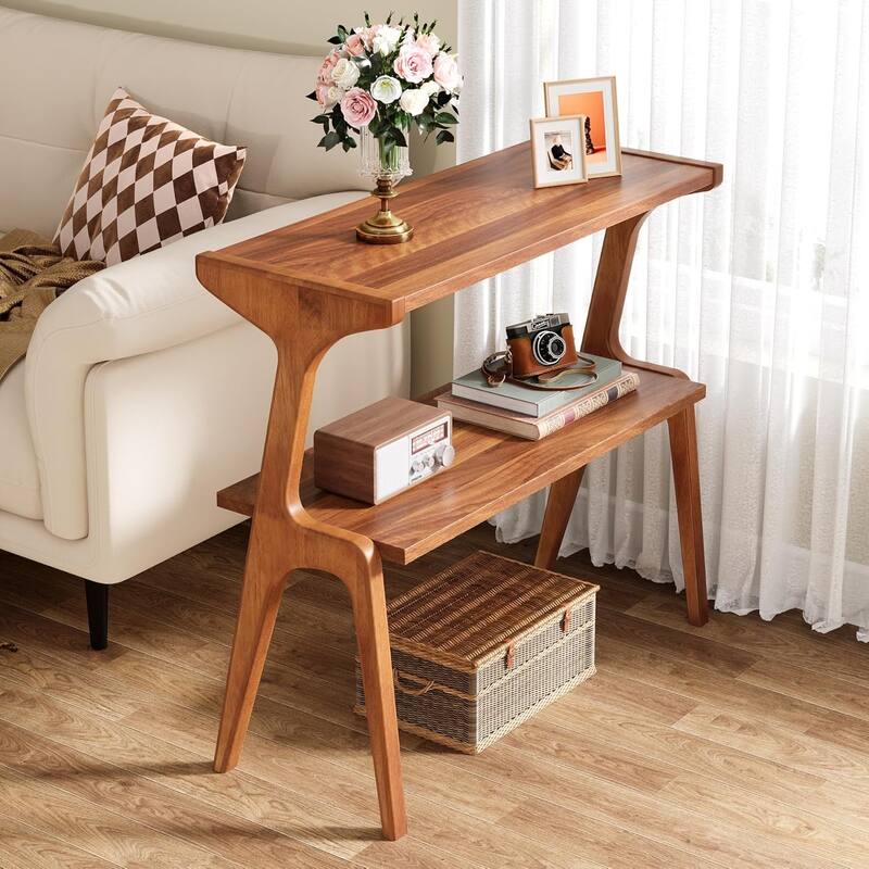 Modern 27.56" Solid Wood End Table - Narrow Side Table with 2-Tier Storage Shelf, Stylish Nightstand & Couch Side Table - Cherry