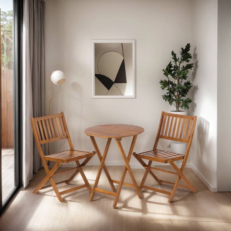 Acacia Wood Bistro Set with 2 Folding Chairs & Round Table, 3-Piece