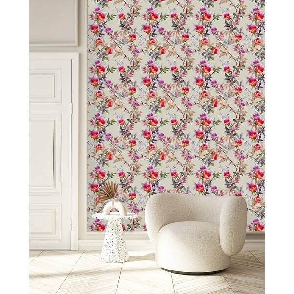 Beige Wallpaper with Flowers Peel and Stick and Prepasted - Bed Bath ...