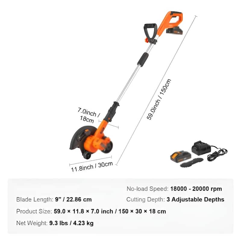 Orange, Black Silver Cordless Edger 9" Blade, 3 Depth Settings - 59" x 11.8" x 7.0"