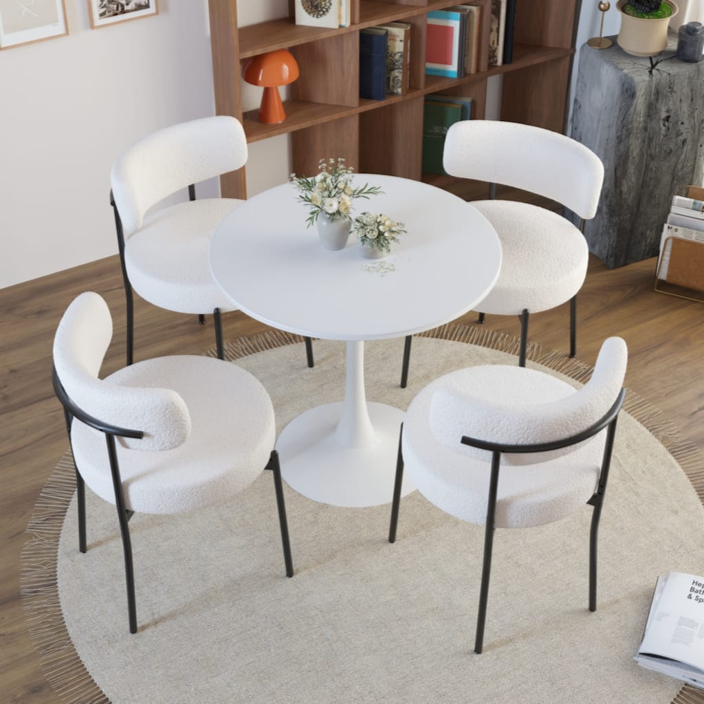 White Dining Chairs Set of 4, Mid-Century Modern Dining Chairs with Black Metal Legs