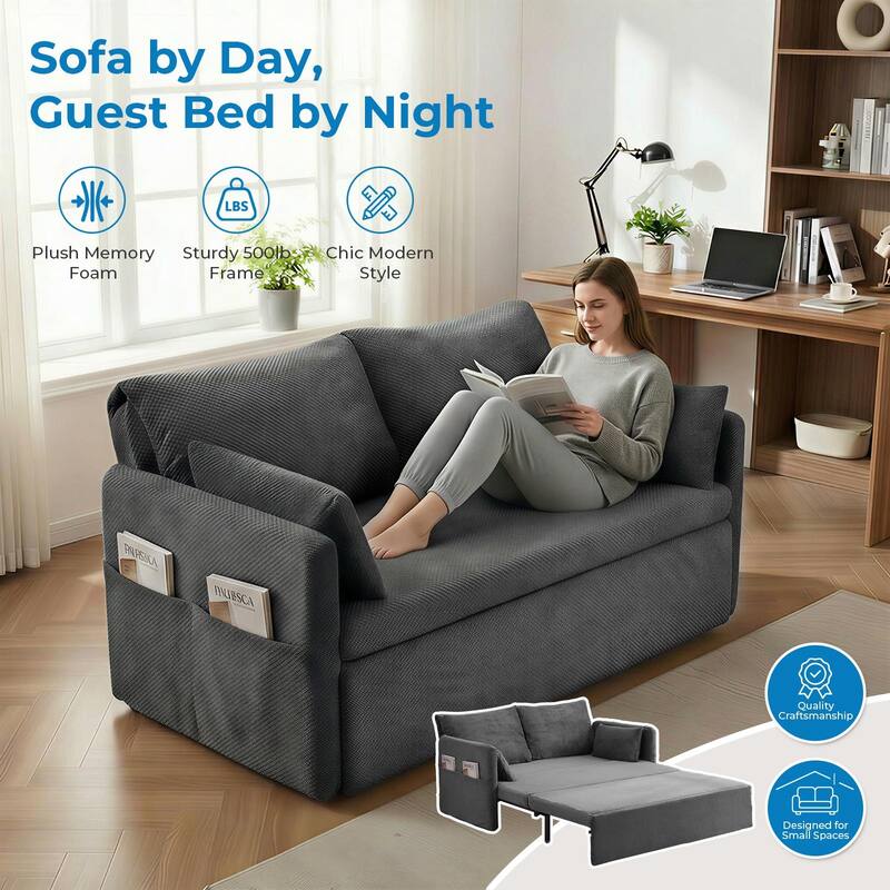 Mixoy Convertible Sofa Bed with Memory Foam Mattress, Queen Size, Beige/Grey, Adjustable Backrest