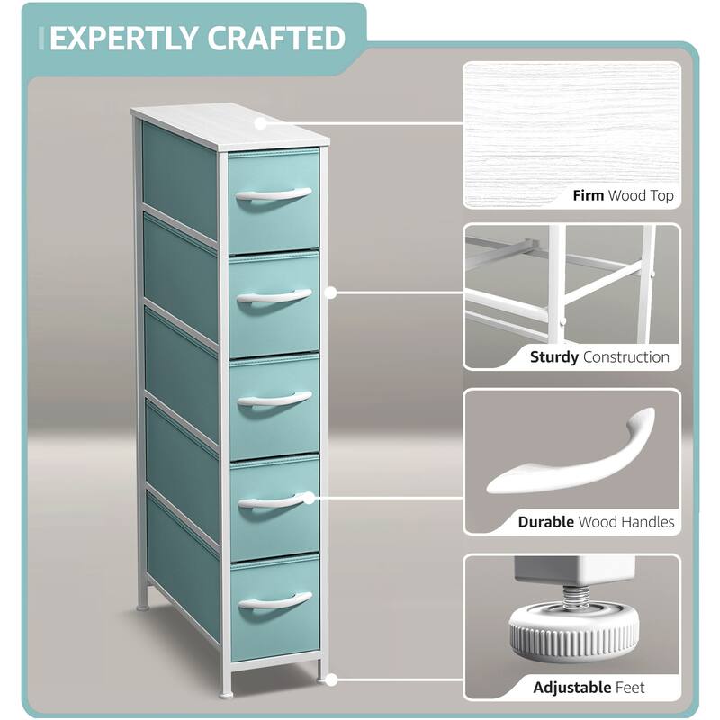Sorbus Narrow Dresser with 5 Drawers - Vertical Slim Storage Chest of Drawers with Steel Frame, Wood Top & Easy Pull Fabric Bins