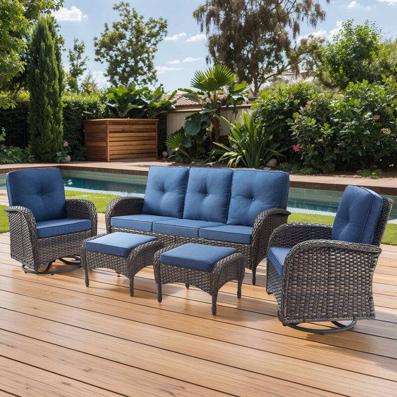 Gymojoy 5-Piece Outdoor Wicker Patio Furniture with 3 Seat Sofa & Swivel Chair, Coversation Set with Water Resistant Cushions - Brown Wicker / Blue Cusion - 5-Piece