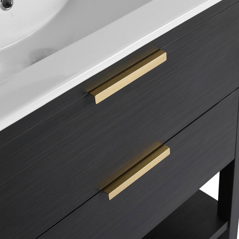Freestanding Black Chestnut Bathroom Vanity with Ceramic Sink, Gold Metal Handle, Soft Closing Drawers - 30in L Plywood