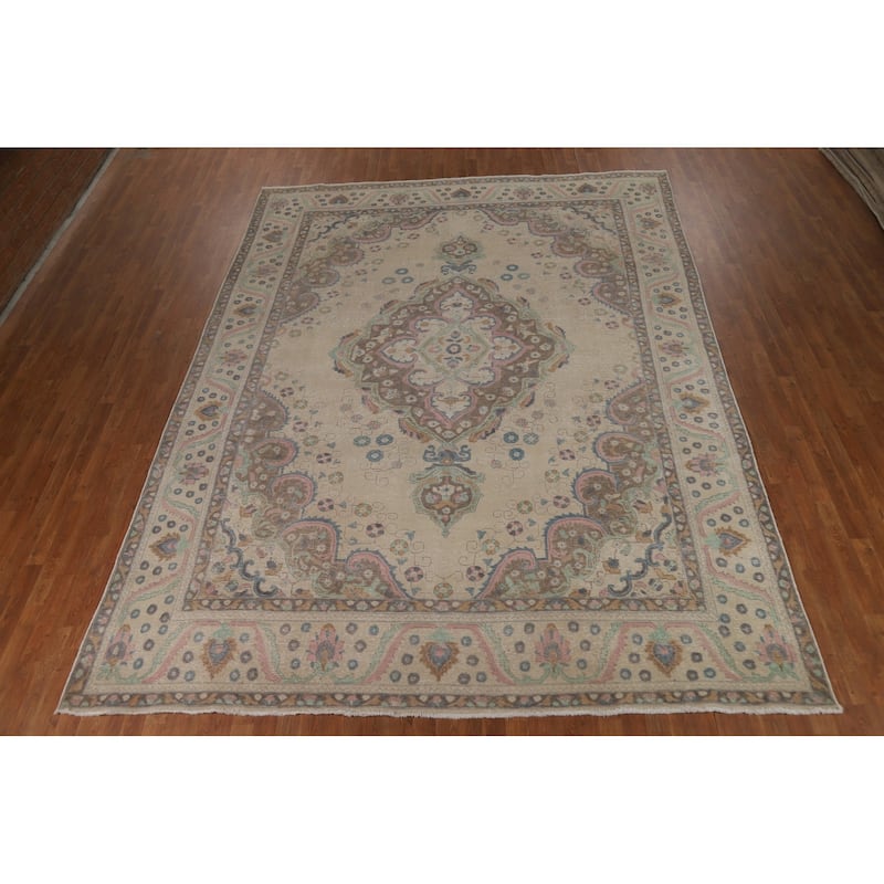 Hand Knotted Oriental 100% Wool Carpet Traditional Floral Beige & Ivories Tabriz Area Rug - 12' 9'' X 9' 7''