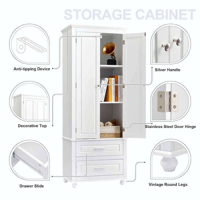Tall Storage Cabinet with Two Drawers - White