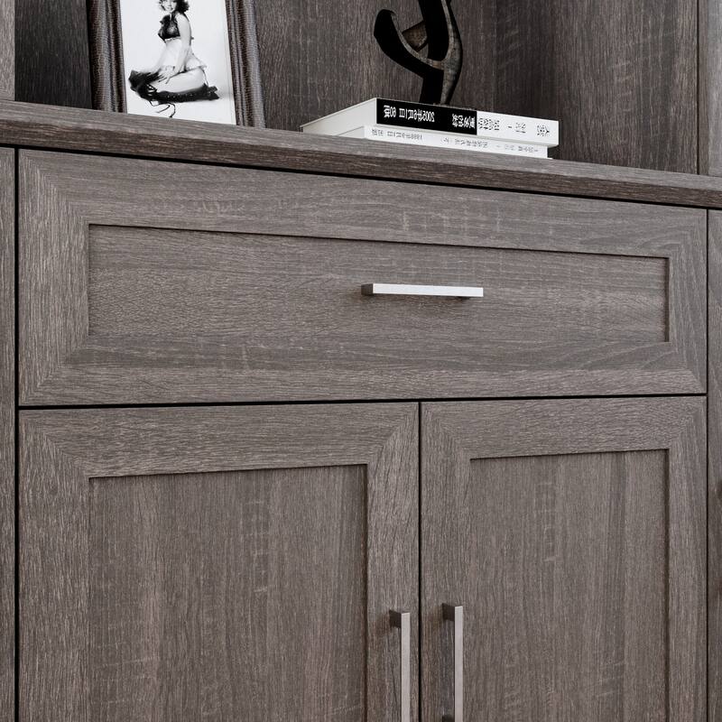 Modular Glass Door Bookcase Wall Unit with Storage Cabinets and Drawers, Dark Oak Display Hutch for Living Room or Home Office