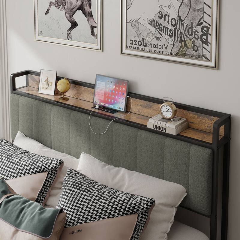 Full Size Bed Frame with Charging Station, Upholstered Headboard, Metal Platform, Grey