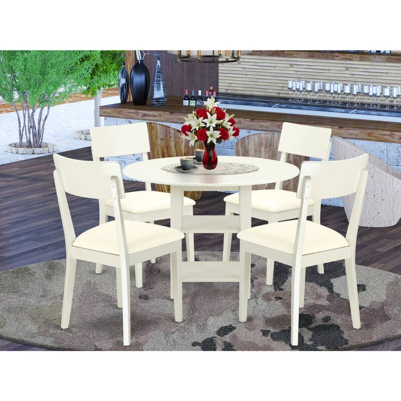 HomeStock 5-Pc Linen White Finish Solid Wood Top - Round Dining Room Set - Seats-4