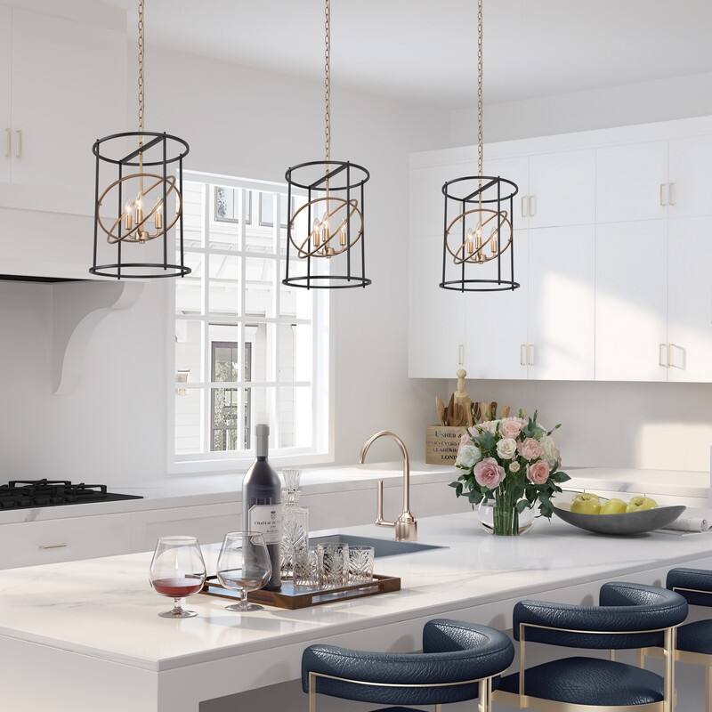 Malryn Modern Geometric Cylinder 3-Light Black Gold Island Pendant Lights - D14"x H17.7"