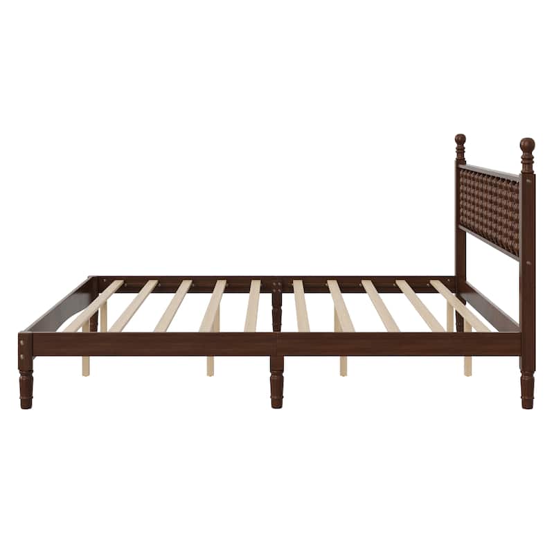 Wood Platform Bed Frame with Gourd Shaped Headboard, Retro Style Low Profile Bed with Wooden Slat Support, No Box Spring Needed