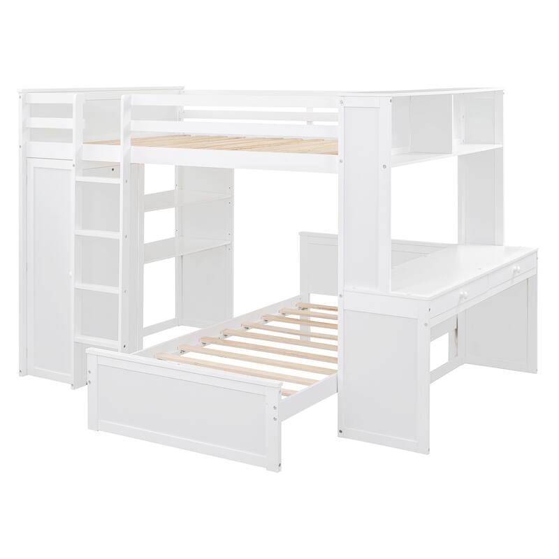 Space-Saving Full Size Loft Bed with Twin Bed, Shelves, Desk, and Wardrobe in White