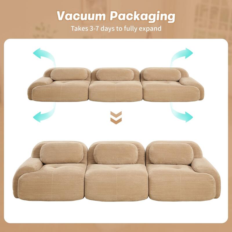 Rossetta 3-Seat Simplified Anti-Slip Style Premium Corduroy Fabric Modular Sectional Sofa with Curved Armrests