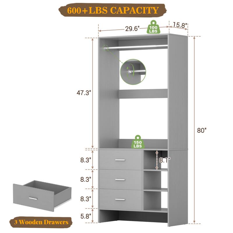 Cimly 30'' W Freestanding Closet Sytem with Hanging Rod, Closet Organizer with Drawers and Shelves