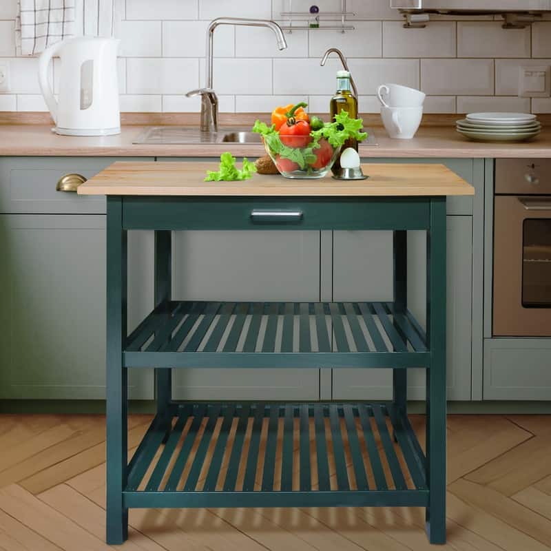 2-shelf Natural Solid Wood Top Kitchen Island - N/A