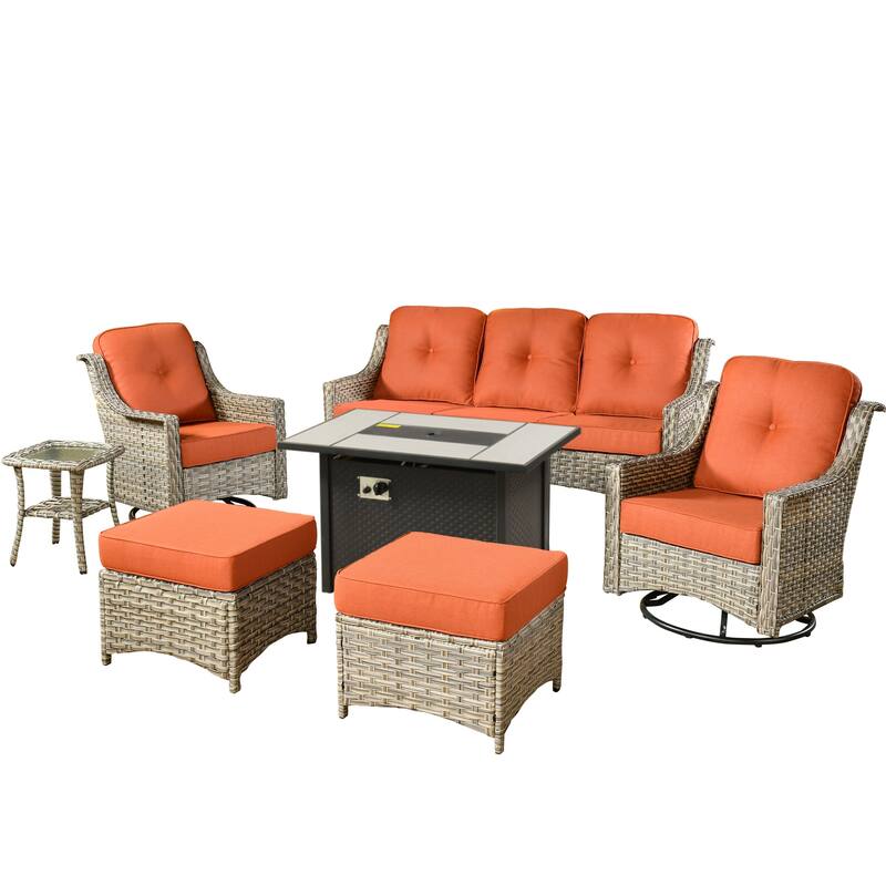 XIZZI 7-piece Patio Wicker Furniture High Back Chair Set with Firepit Table