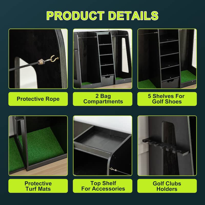 55.5"x16"x37" Wooden Golf Bag Storage Rack with Drawers - 2-Bag Organizer with Side Club Holders - 55.5" L x 16" W x 37" H