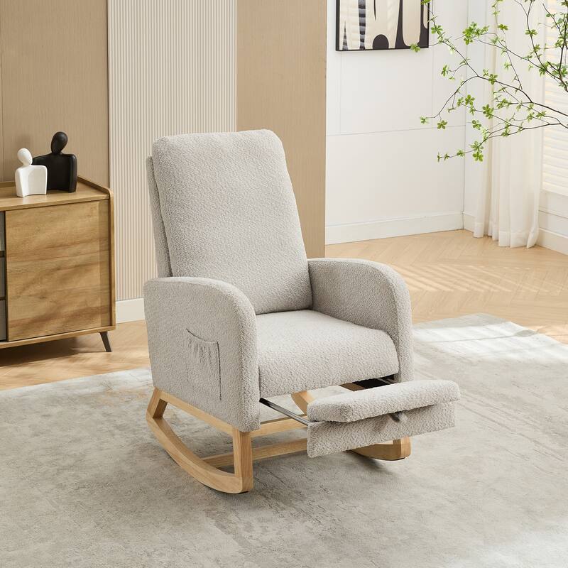 25.4"W Rocking Chair, High Back Glider Chair with Retractable Footrest, Side Pocket, Rocking Accent Armchair with Wood Legs - Grey