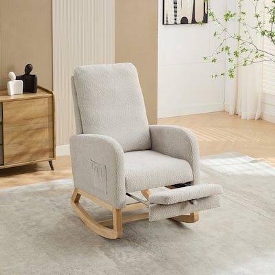 Light Gray Modern 25.4" High Back Boucle Rocking Chair with Retractable Footrest and Rubber Wood Legs