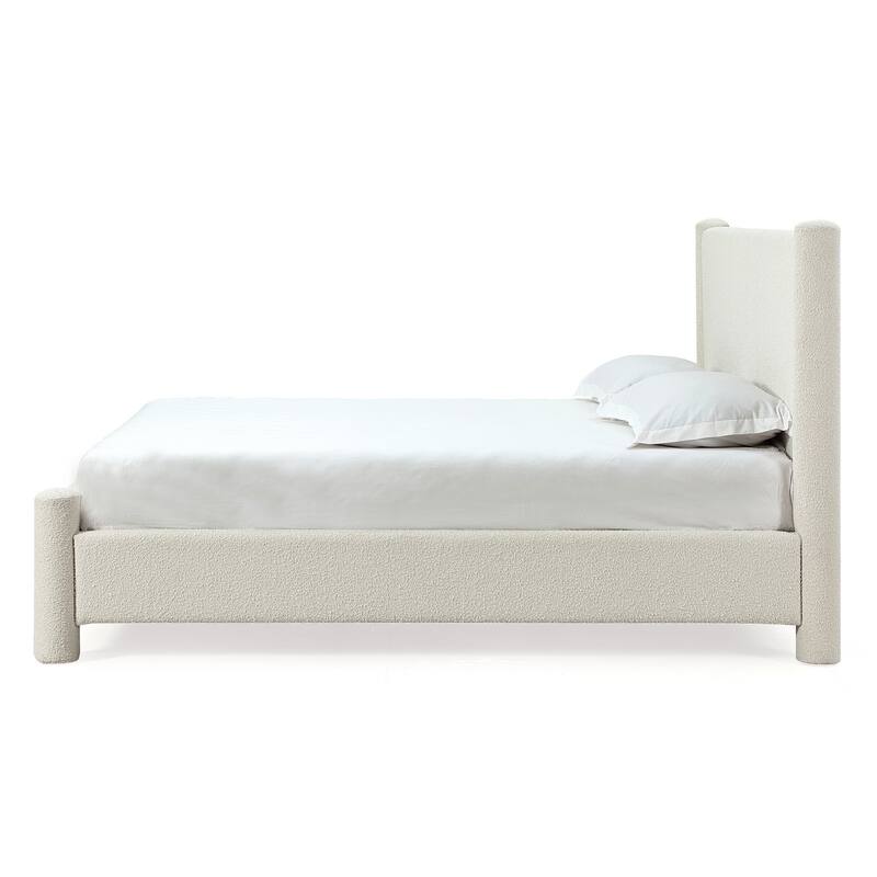 Kizo King Size Platform Bed, Cream Boucle Fabric, Panel Headboard, Slats