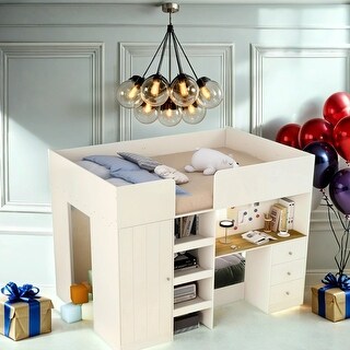 Full Size Wood Loft Bed with Built-In Wardrobe, Desk, Storage Shelves and Drawers